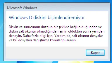 disk bicimlendirme hatasi
